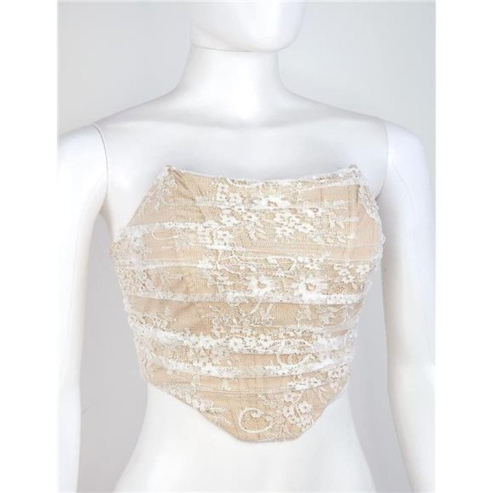 Tan White Sexy Strapless Floral Lace Bustier Corset Crop Top Backless Boned Y2K - Picture 4 of 6